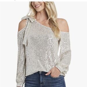 Womens size XL champagne color sequin one shoulder sequin blouse top.